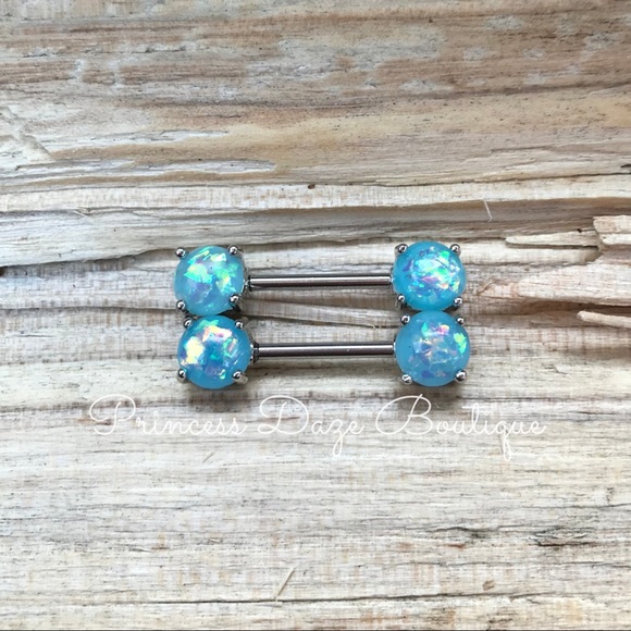 Blue‎ Opal Prong Nipple Ring Set - Picture 1 of 1